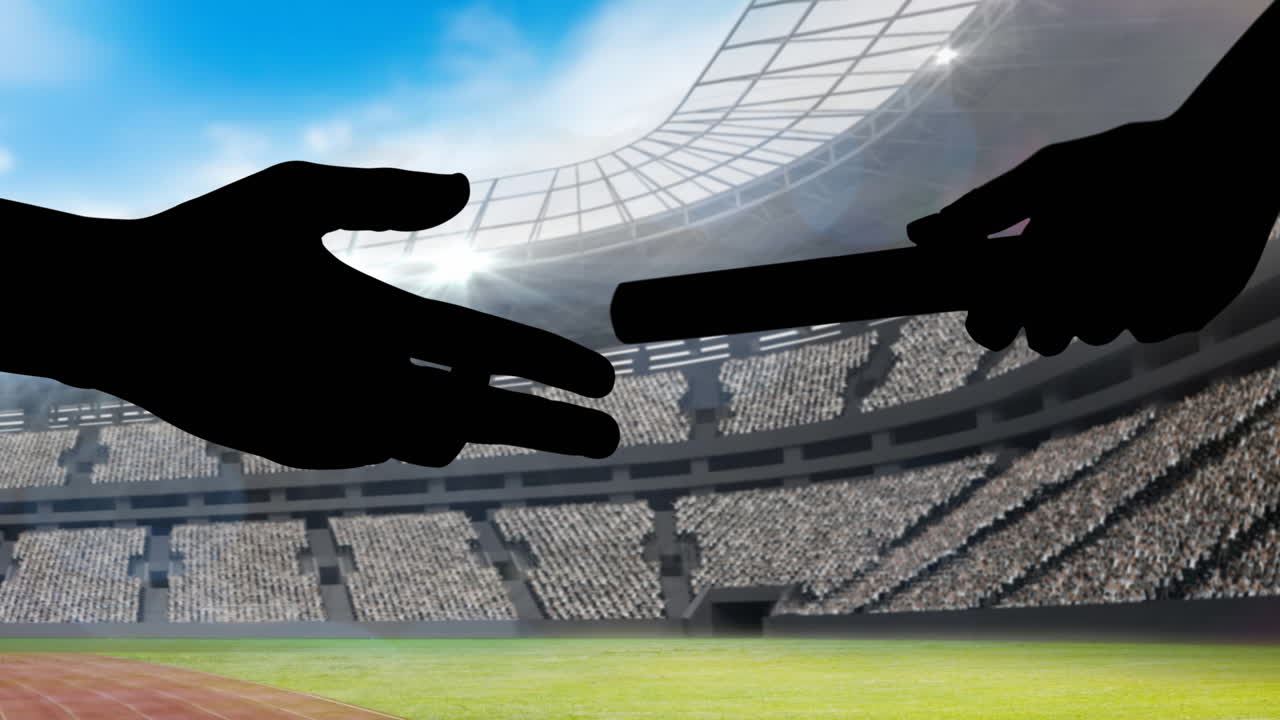 animación de las manos del atleta pasando el bastón de relevo sobre el estadio deportivo