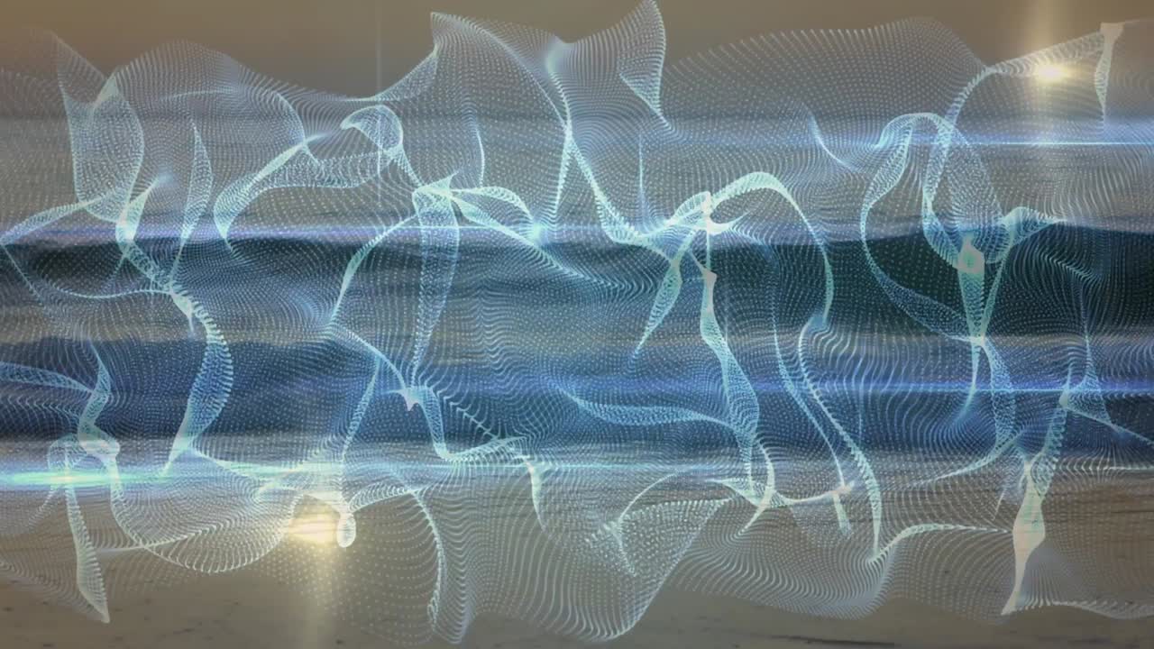 Animation of blue shapes over empty beach