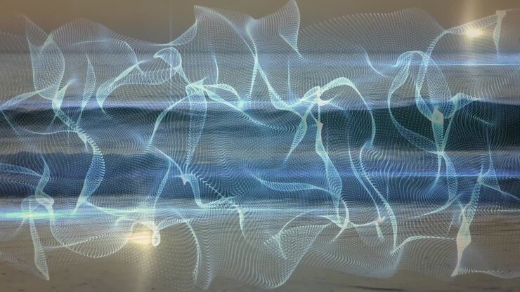 Animation of blue shapes over empty beach