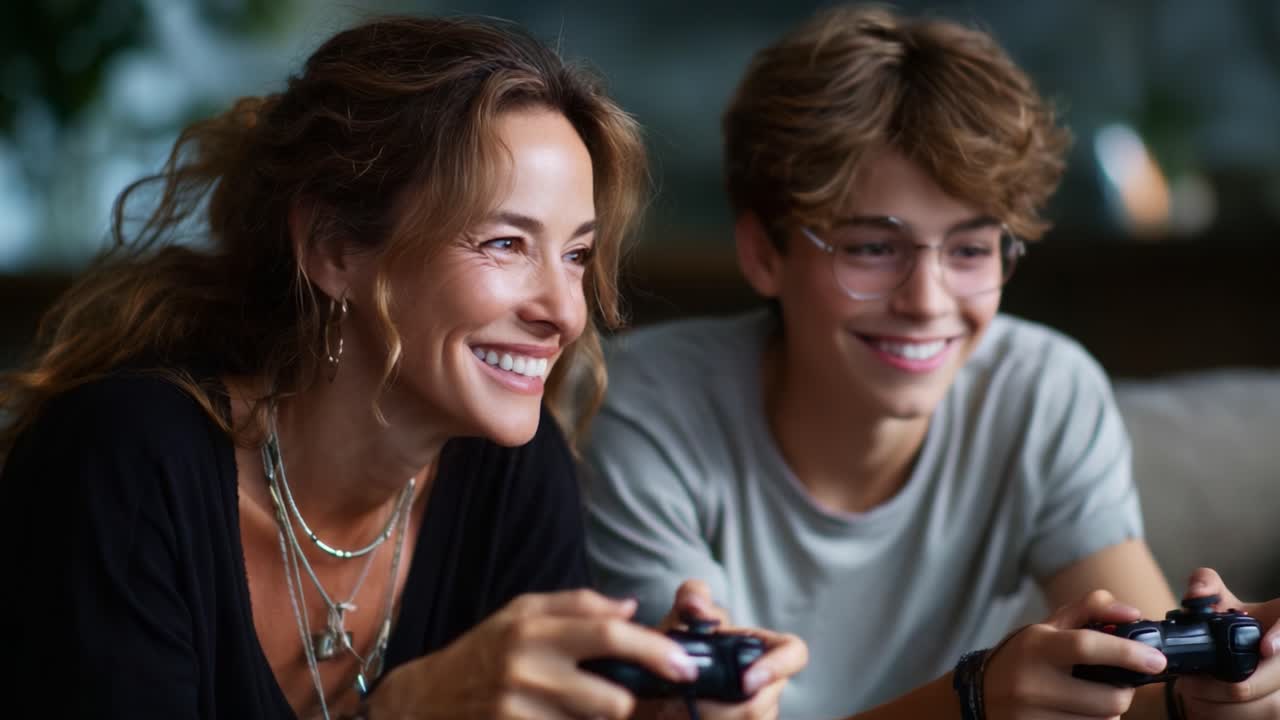 Una gioiosa sessione di gioco: madre e figlio si godono del tempo di qualità insieme mentre giocano ai videogiochi, creando un legame tra risate e competizione amichevole a casa