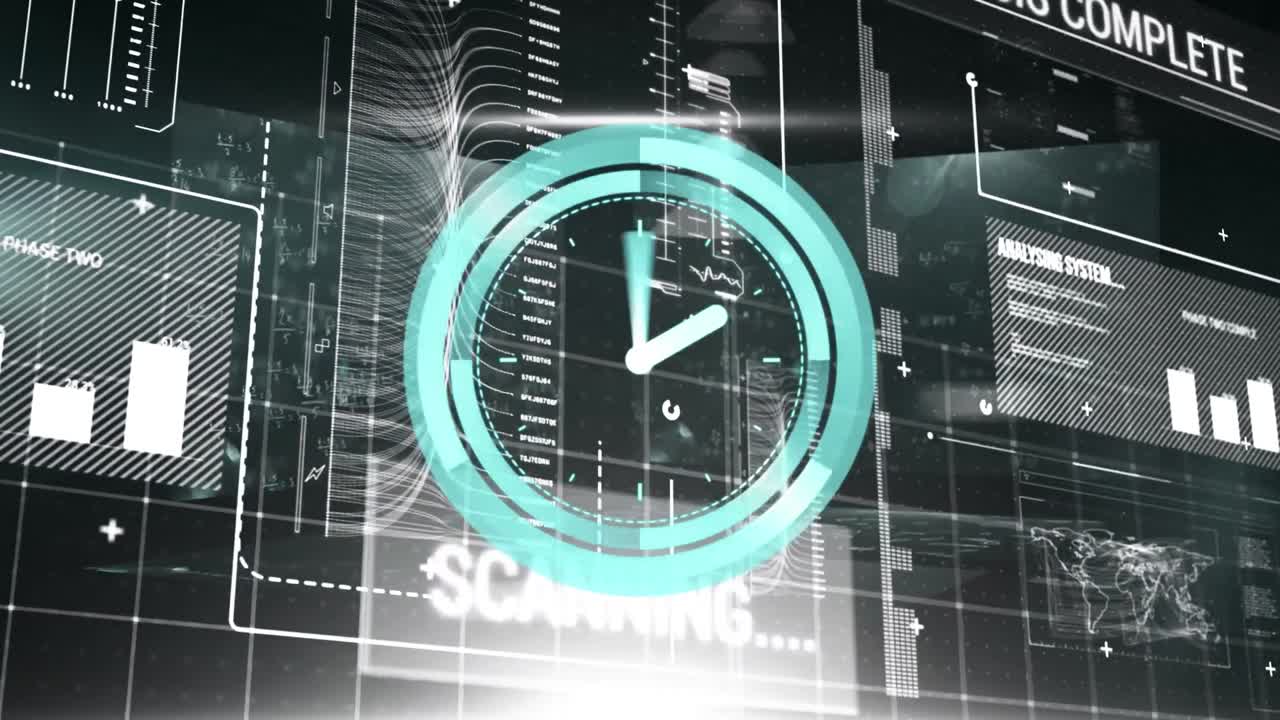 Animazione di un orologio che si muove sull'elaborazione dati su sfondo nero