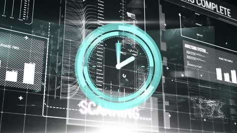 animación del reloj moviéndose sobre el procesamiento de datos en fondo negro