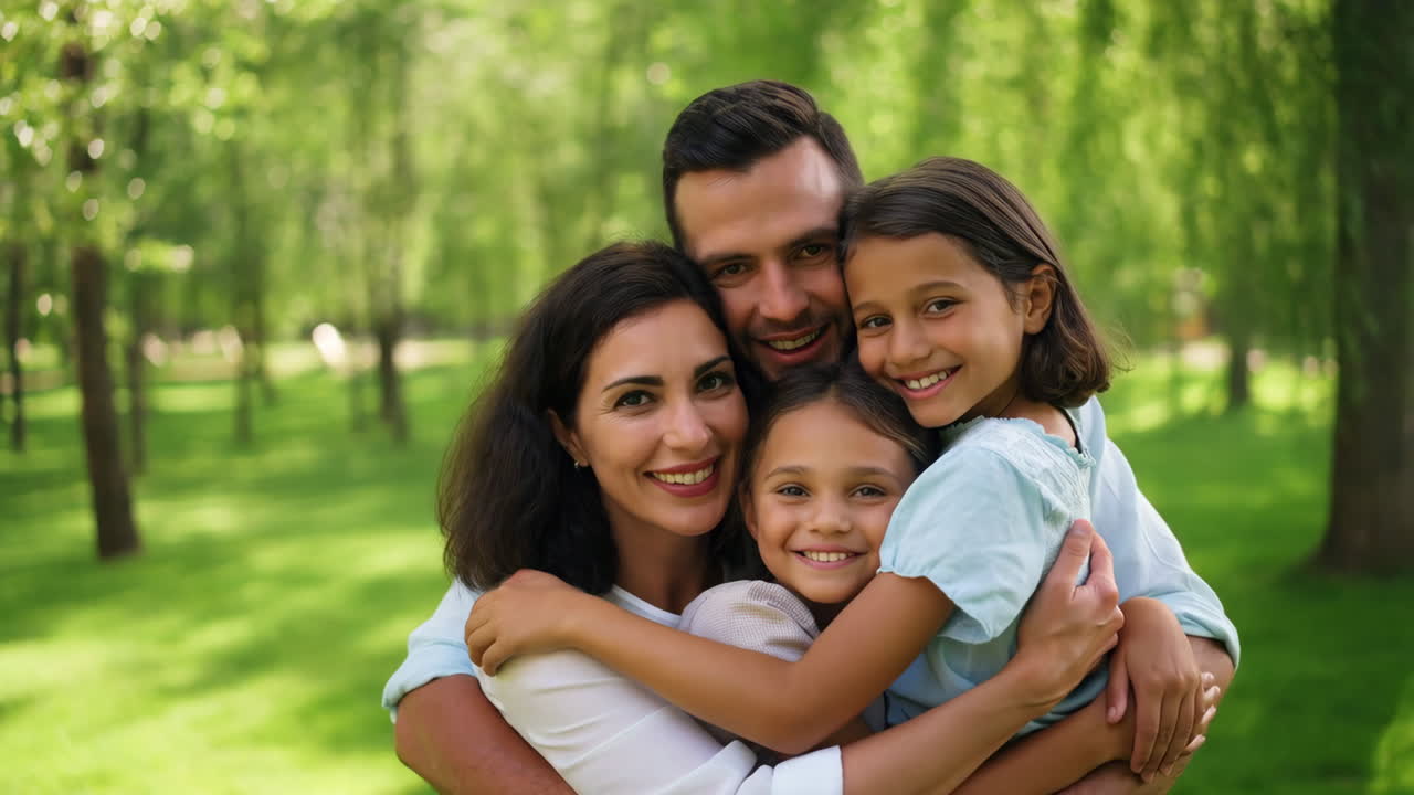 Uma família feliz, incluindo pais e duas filhas, abraçando-se e sorrindo em um parque verde exuberante.