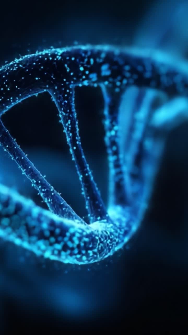 Esplorando la complessa struttura del DNA: Un incredibile viaggio visivo attraverso la biotecnologia e la scienza genetica con affascinanti particelle blu.