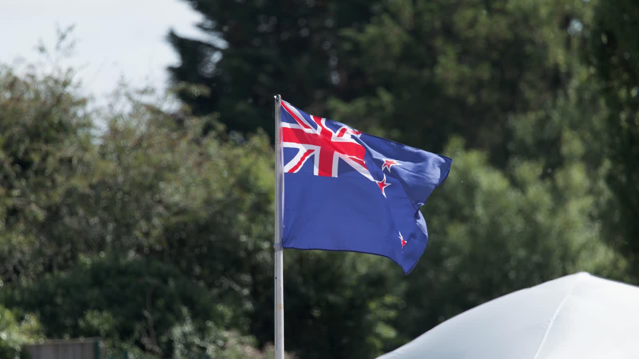 New Zealand flag waving on flagpole outdoors, surrounded by green trees in natural daylight