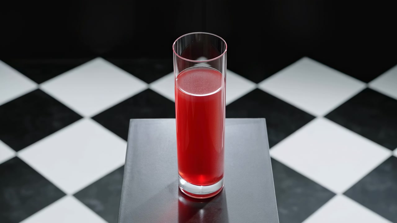 Un vaso neutro que contiene líquido rojo se exhibe sobre un suelo de tablero de ajedrez, visto desde una perspectiva cenital, en un entorno de exhibición de producto comercial. La escena presenta un fondo negro limpio.