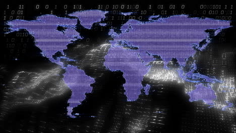 mapa del mundo con código binario y animación de procesamiento de datos sobre el paisaje digital