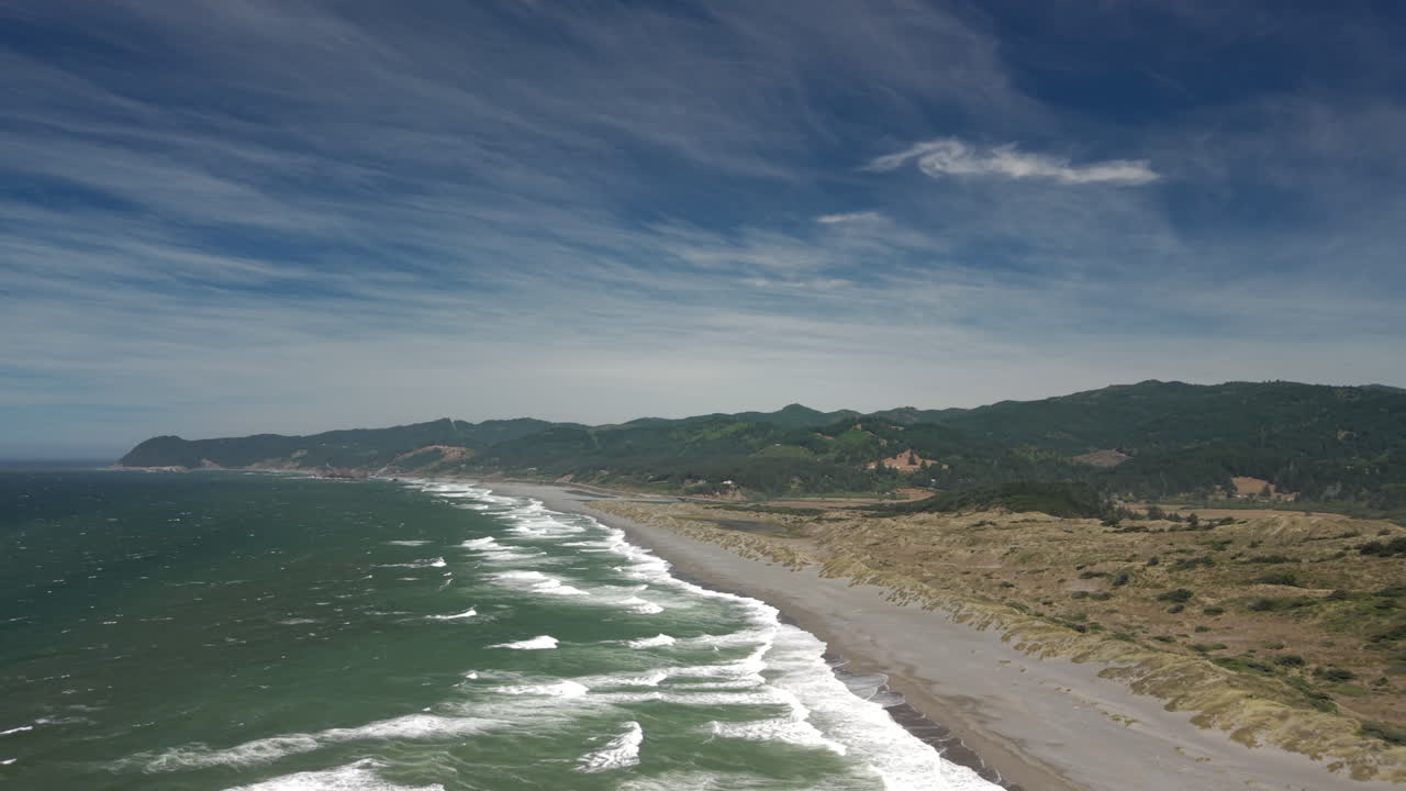 Pacific Ocean at the Oregon Coast, aerial drone view with wind and high surf