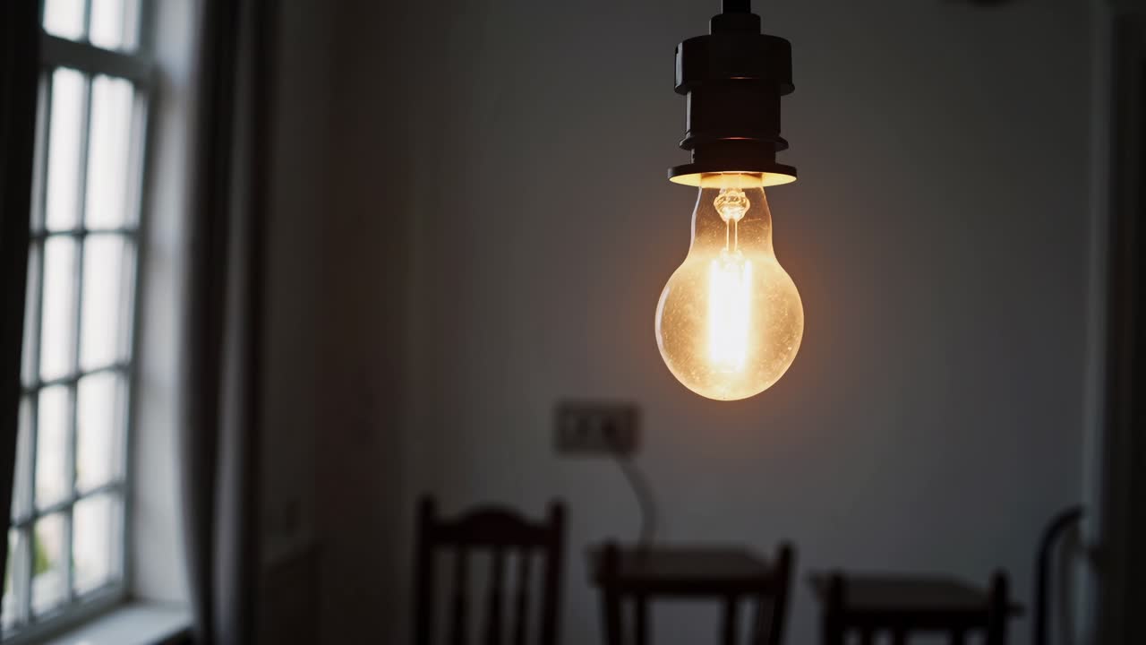 Una stanza in penombra con una lampadina luminosa a fuoco, ripresa dal basso.