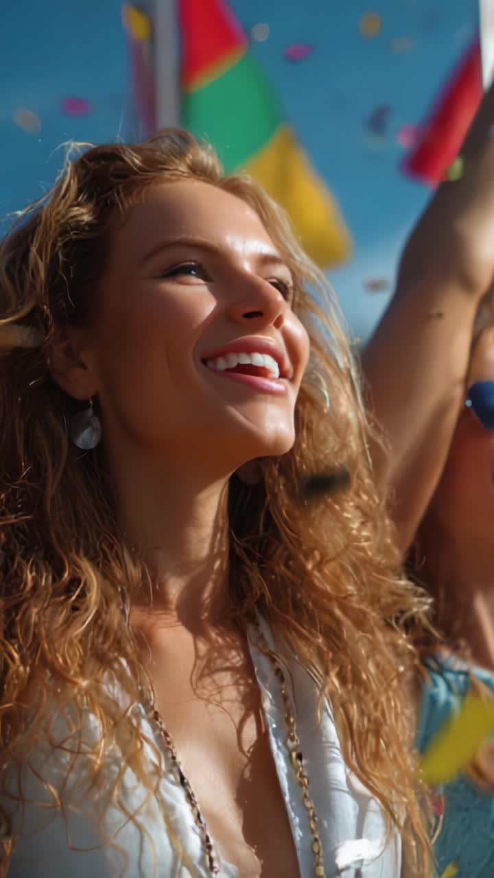 Joyful Celebration: A Young Woman's Exuberant Smile Illuminates the Festive Atmosphere Filled with Colorful Confetti and Vibrant Decorations at Outdoor Event