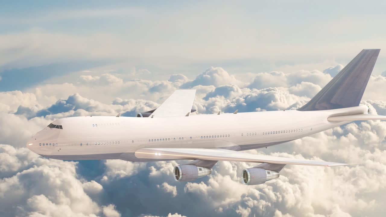 Airplane flying above clouds and beautiful blue sky in sunlight, travel trip with airplane, aerial view of flying aeroplane background.