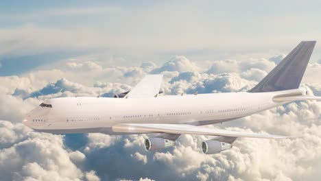 airplane flying above clouds and beautiful blue sky in sunlight, travel trip with airplane, aerial view of flying aeroplane background.