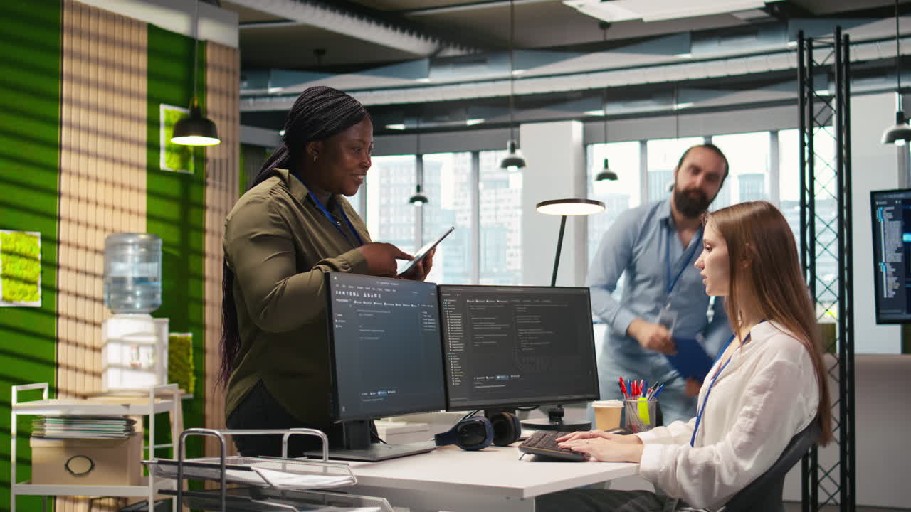Friendly Coworkers Helping Junior Dev Code Ai Algorithms To Debug Software