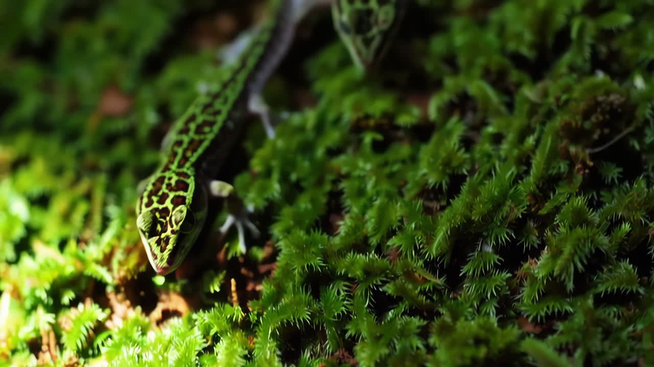 A Green and Brown Gecko Resting on Moss