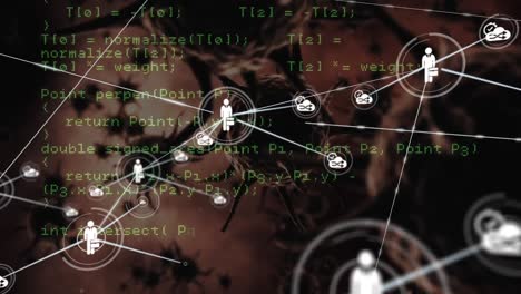 red de iconos digitales y procesamiento de datos contra múltiples células de covid-19 en fondo marrón