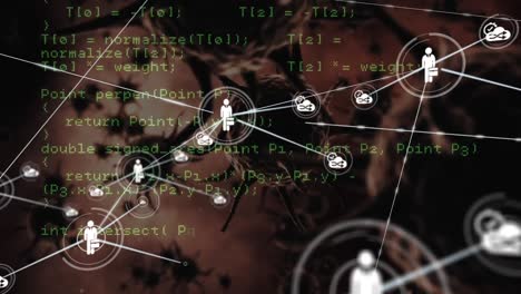 network of digital icons and data processing against multiple covid-19 cells on brown background