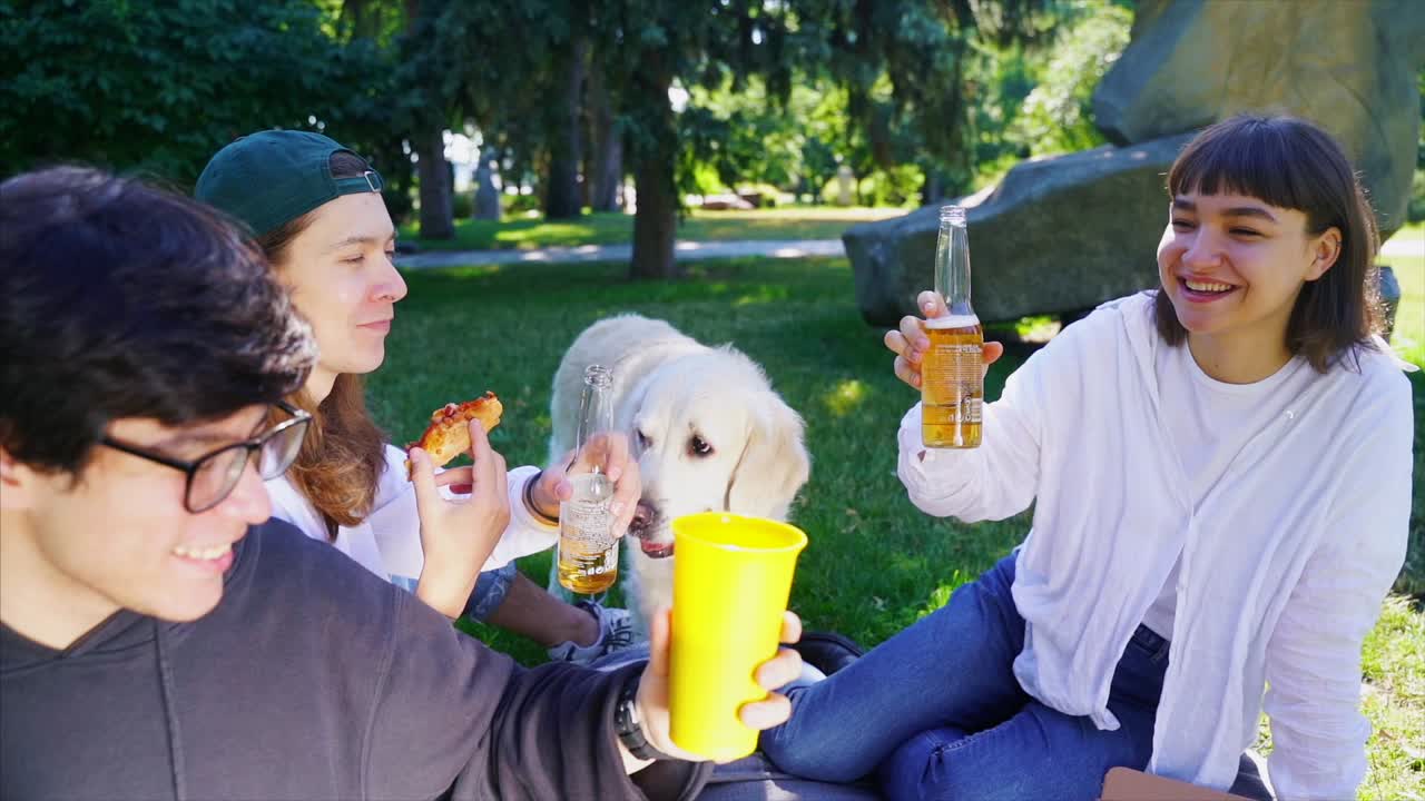 친구 들 이 개 와 함께 공원 에서 피크닉 을 즐기고 있다