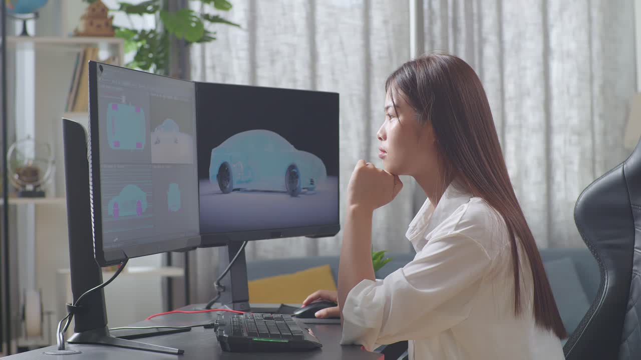 아시아 여성 자동차 디자이너가 아이디어를 생각하고 스튜디오의 데스크 컴퓨터에서 ev 자동차의 3d 모델을 작업하는 동안 지표손가락을 올리고 있습니다.