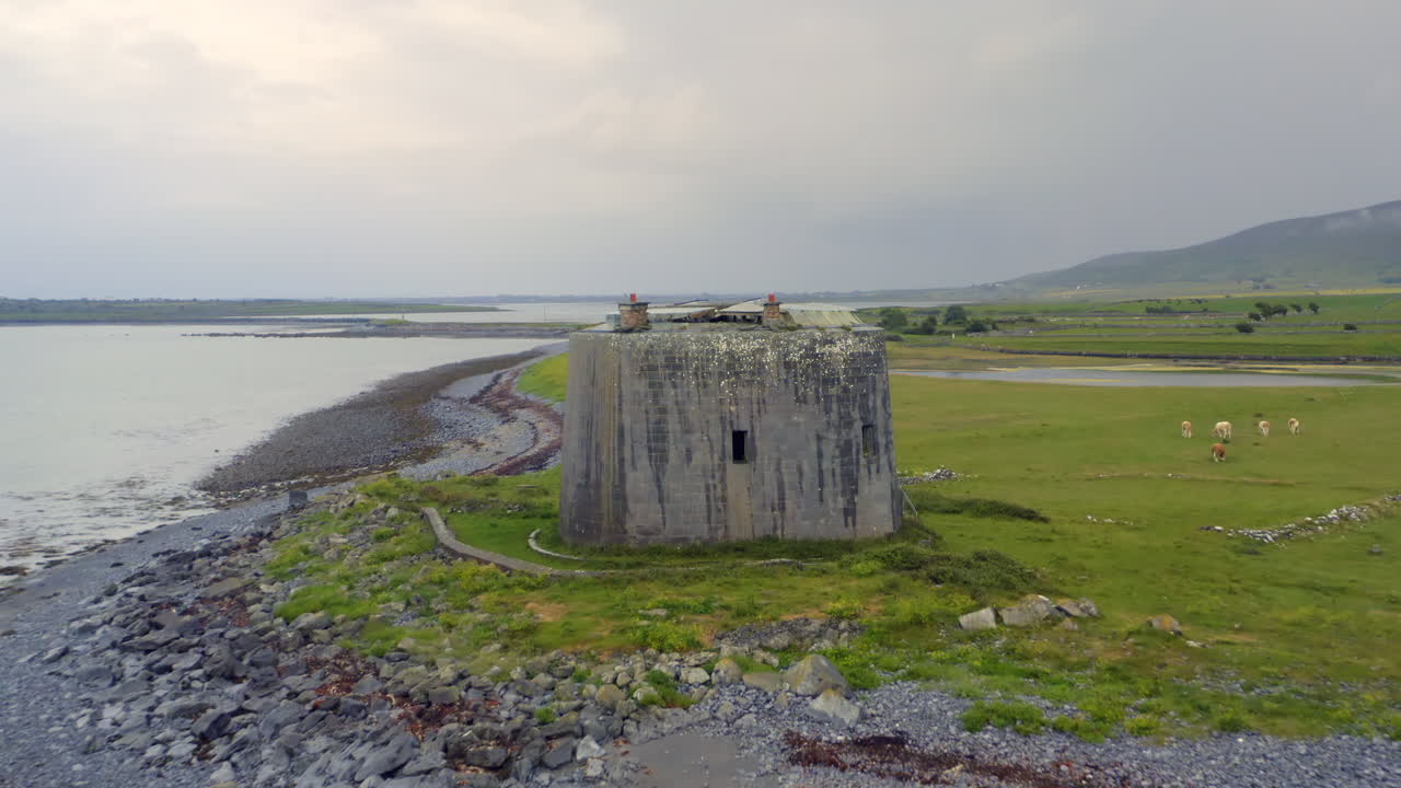 Reverse aerial dolly featuring the Martello Tower in Aughinish, County Clare, on the Atlantic coast