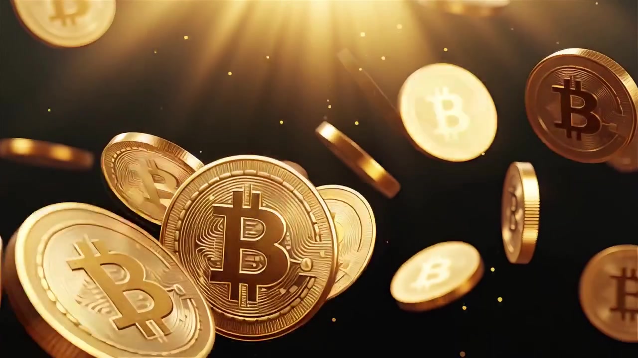 Bitcoin in rotazione su sfondo nero drammatico 4k