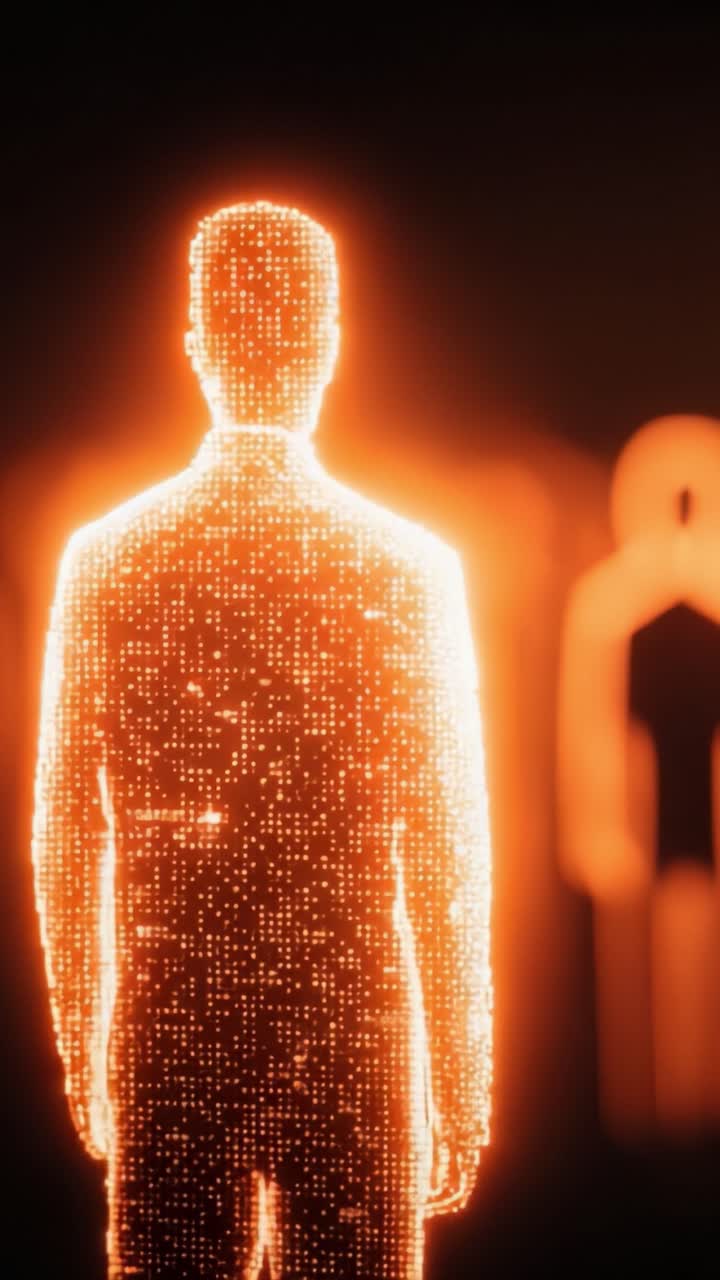 Una visualizzazione suggestiva dell'umanità digitale: una figura luminosa contempla tra una presenza collettiva in un affascinante gioco di luci e ombre.