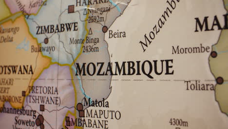 close-up view of mozambique on a map