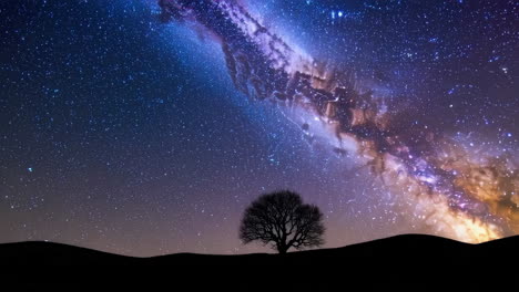 majestic milky way over a hillside with a solitary tree