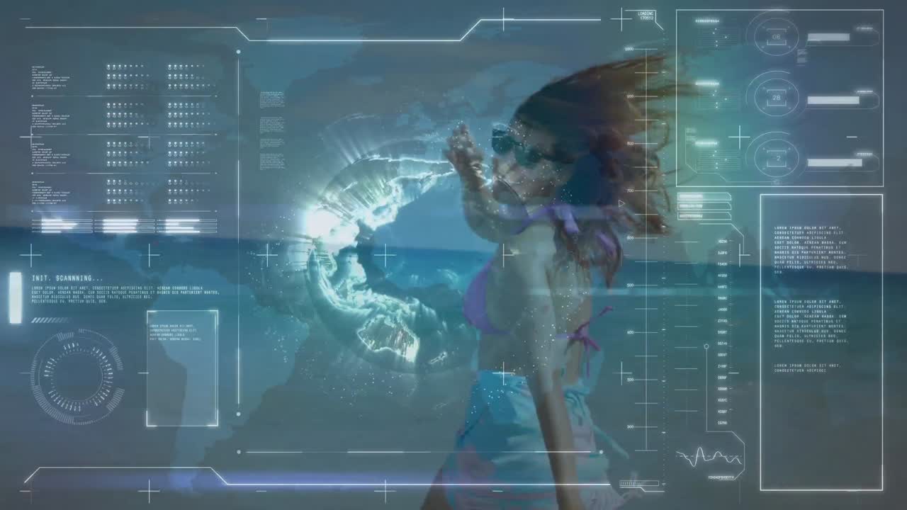 해변에서 미소 짓는 백인 여성에 대한 데이터 처리 애니메이션