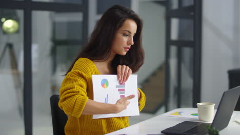 mujer de negocios enfocada presentando gráficos y gráficos en una videollamada.