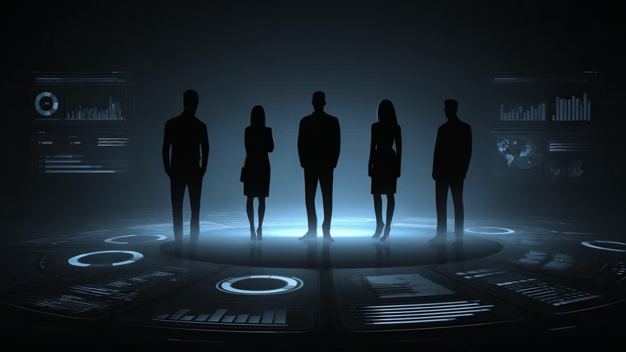 Silhouetted Figures in a Darkened Environment with Futuristic Displays Showcasing Data Visualizations, Metrics, and Analytical Information in a Modern Context