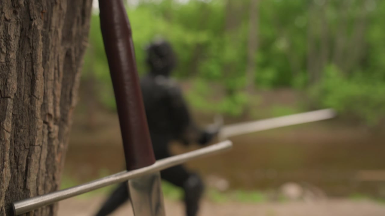 Primo piano di una spada con impugnatura in legno e lama di metallo appoggiata alla corteccia di un albero, mentre una figura sfocata in nero si muove dinamicamente all'aperto. La spada rimane ferma mentre la persona esegue arti marziali.