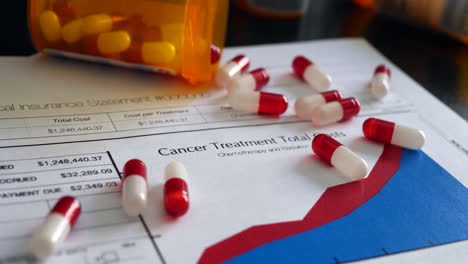 pills and medicine on a prop medical insurance form showing expensive cancer treatment and healthcare costs