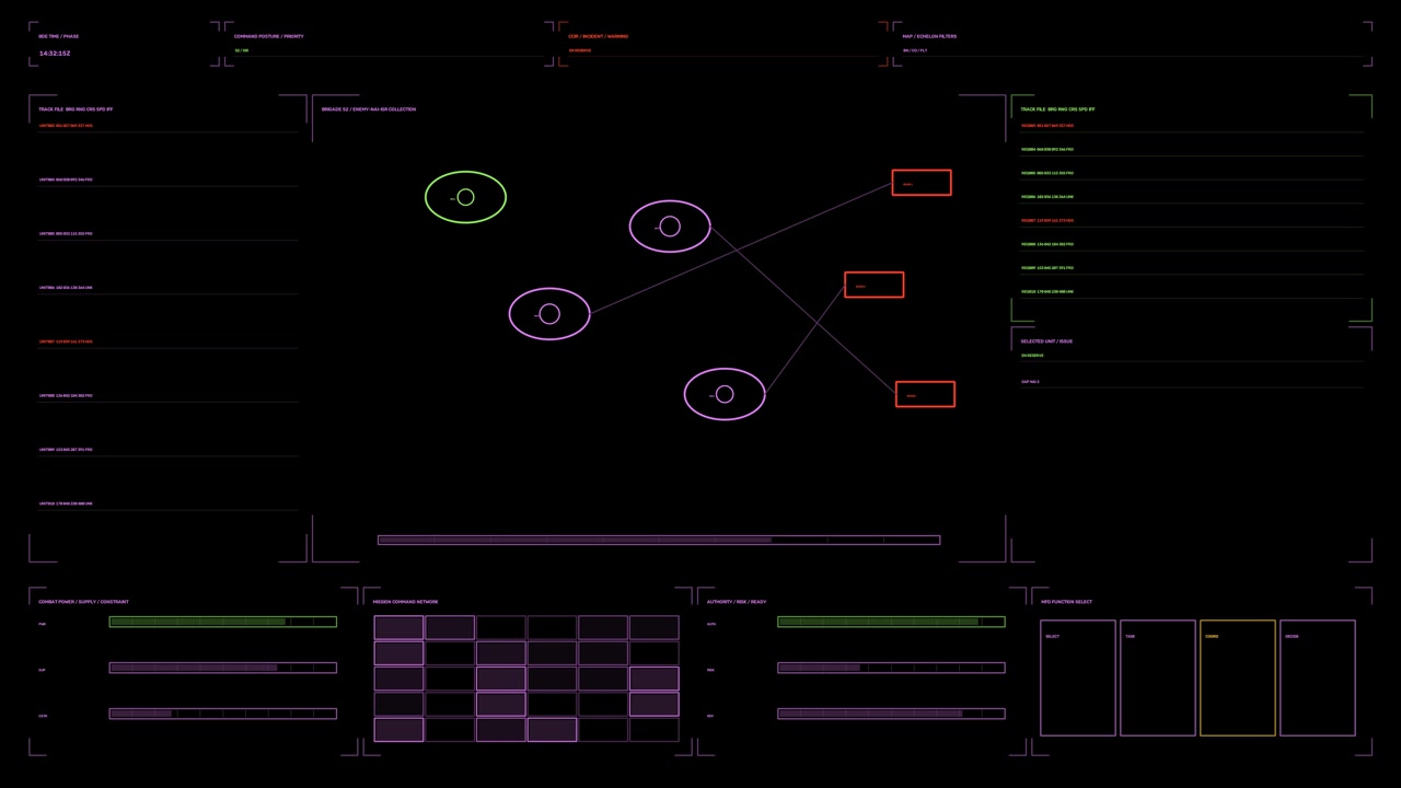 Military targeting HUD for war documentary graphics, featuring linked track markers, red outlined boxes, status panels and tactical data grids on a dark neon palette animation loops seamlessly
