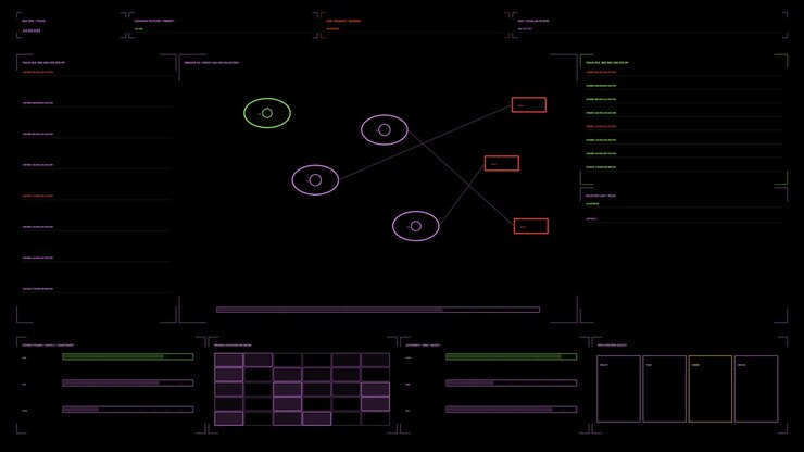 Military targeting HUD for war documentary graphics, featuring linked track markers, red outlined boxes, status panels and tactical data grids on a dark neon palette animation loops seamlessly