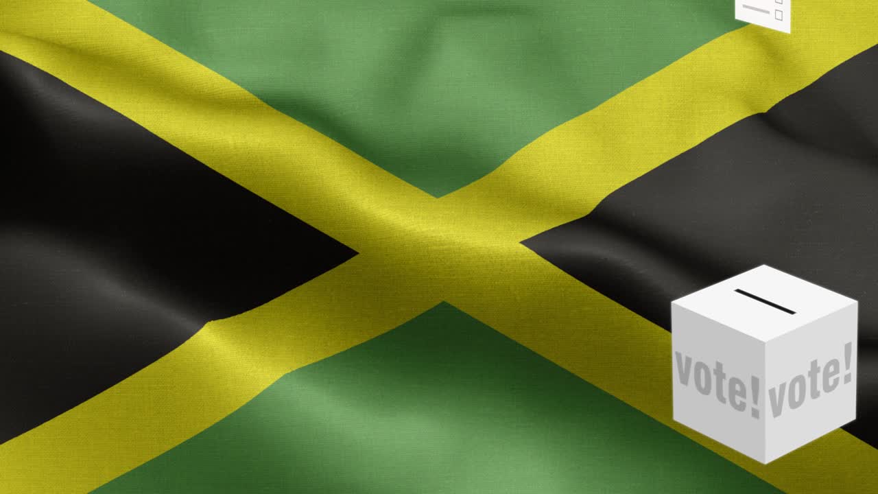 Ballots fly to box for Jamaica selection - Ballot box in front of flag - Election - Vote - Flag Of Jamaica - Jamaica Flag High Detail - National flag Jamaica wave Pattern loopable Elements - Fabric texture and endless loop