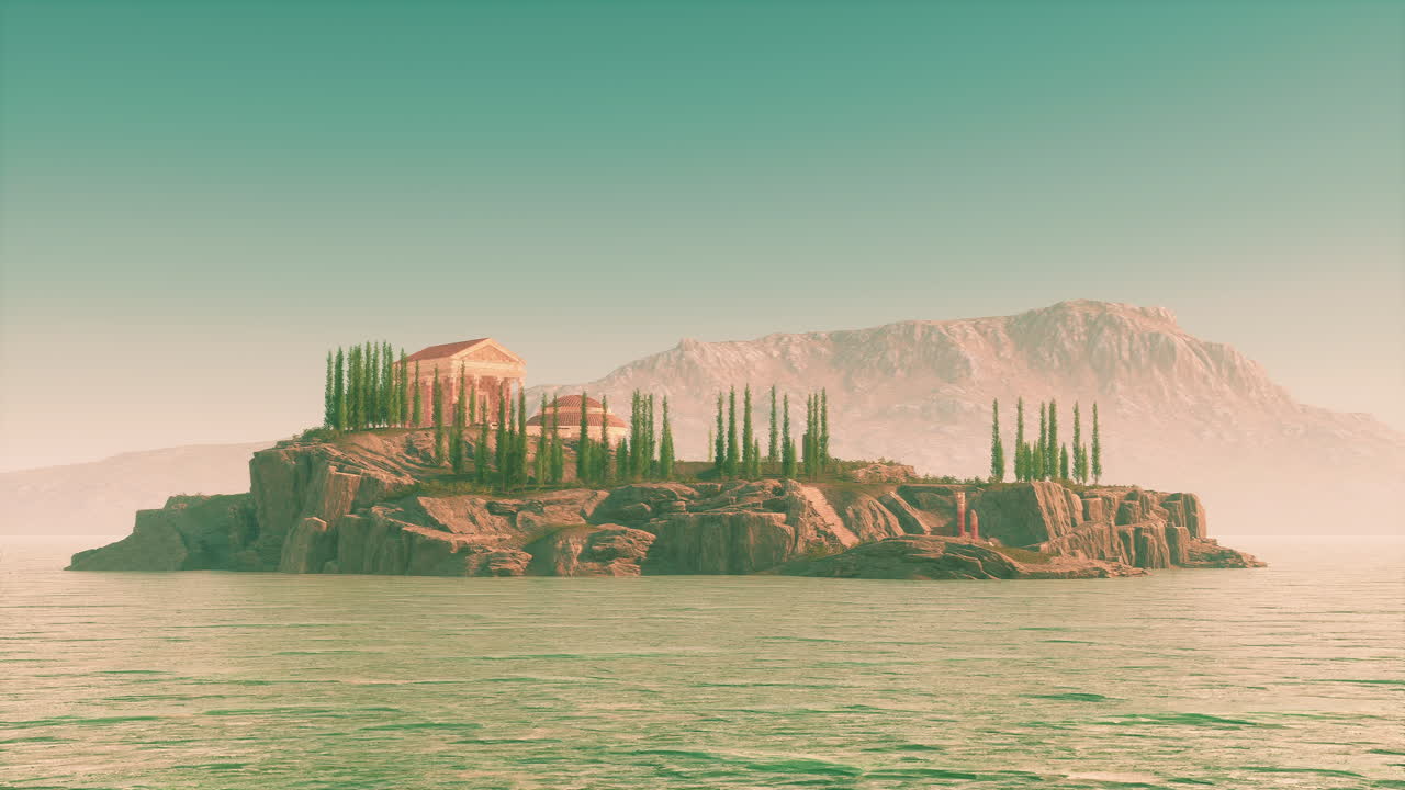 평온 한 물 에 있는 바위 섬 에 있는 로마 성전 의 폐허