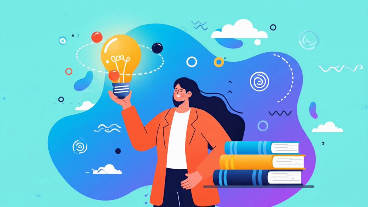 Intelligent woman holding a bright lightbulb, getting an idea from knowledge and books