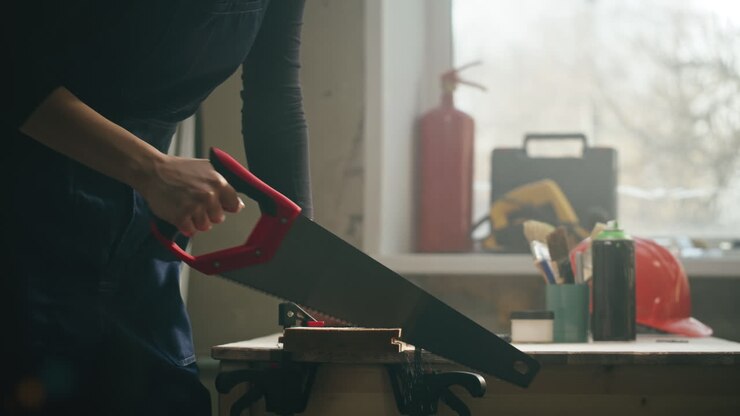 Person Sawing Wood with a Handsaw in a Workshop