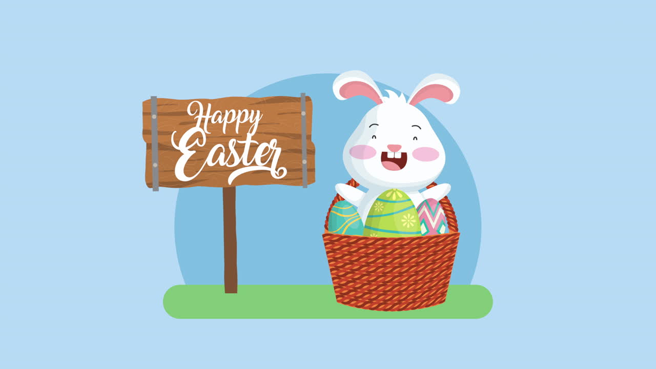 happy easter animated card with rabbit and eggs painted in basket
