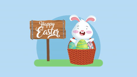 happy easter animated card with rabbit and eggs painted in basket