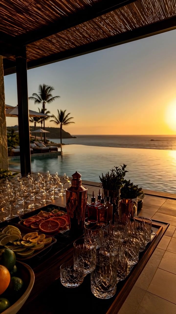 Terraço ao ar livre com vista para o horizonte do oceano mostra uma mesa de jantar montada com copos e pratos ao entardecer, criando reflexos quentes, um ambiente costeiro calmo e uma composição equilibrada com vista para o mar.