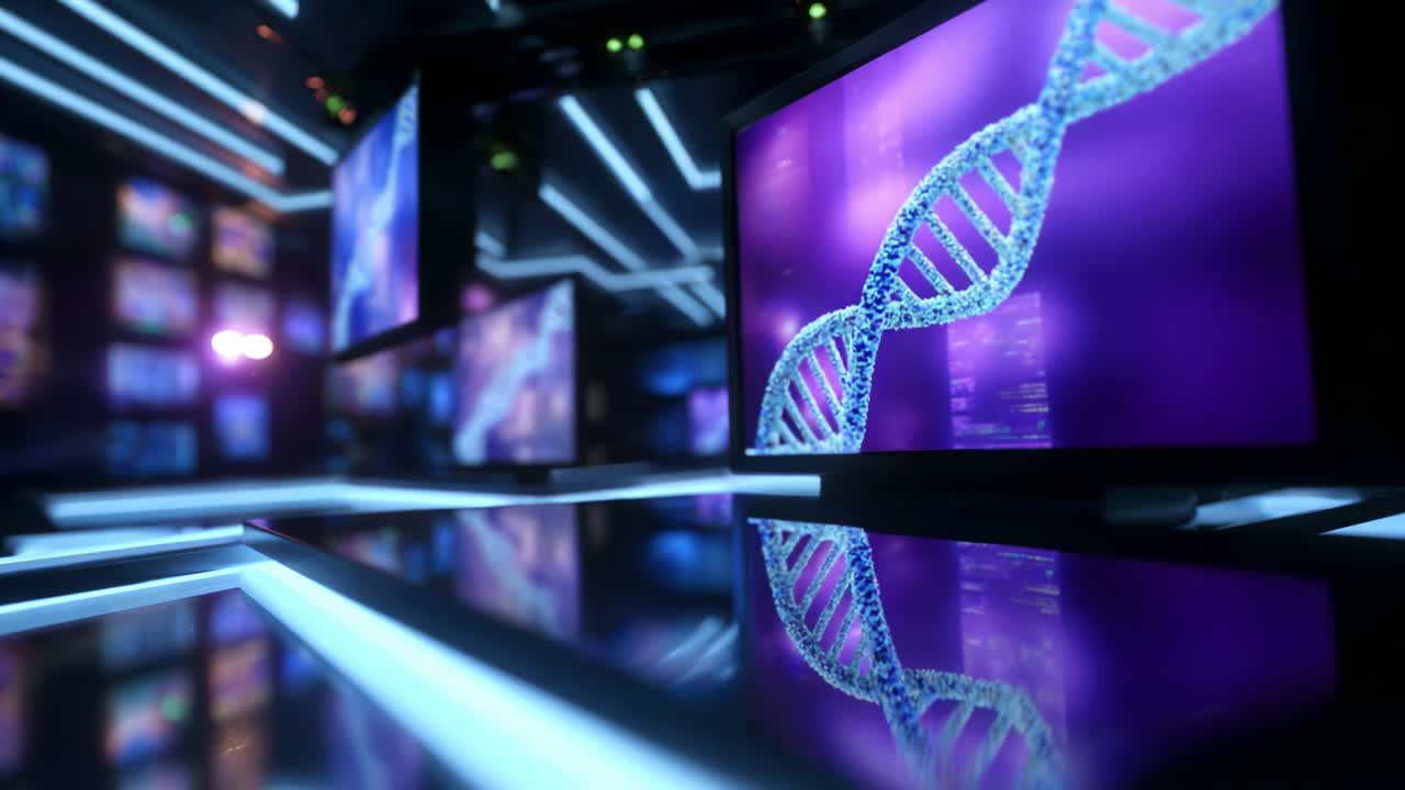 High-tech digital environment showcasing a series of vibrant monitors displaying visually rich representations of DNA strands, emphasizing the fusion of technology and genetic science in a modern context