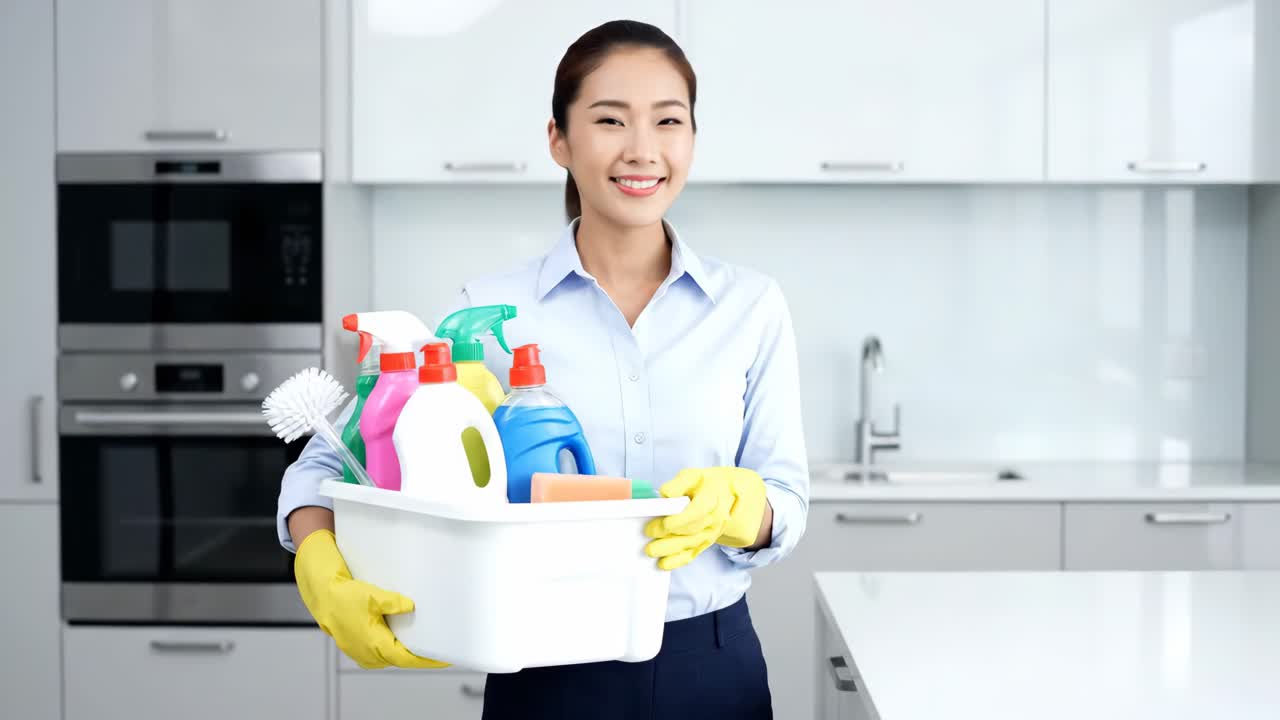Woman holding a bucket of cleaning products in a kitchen
