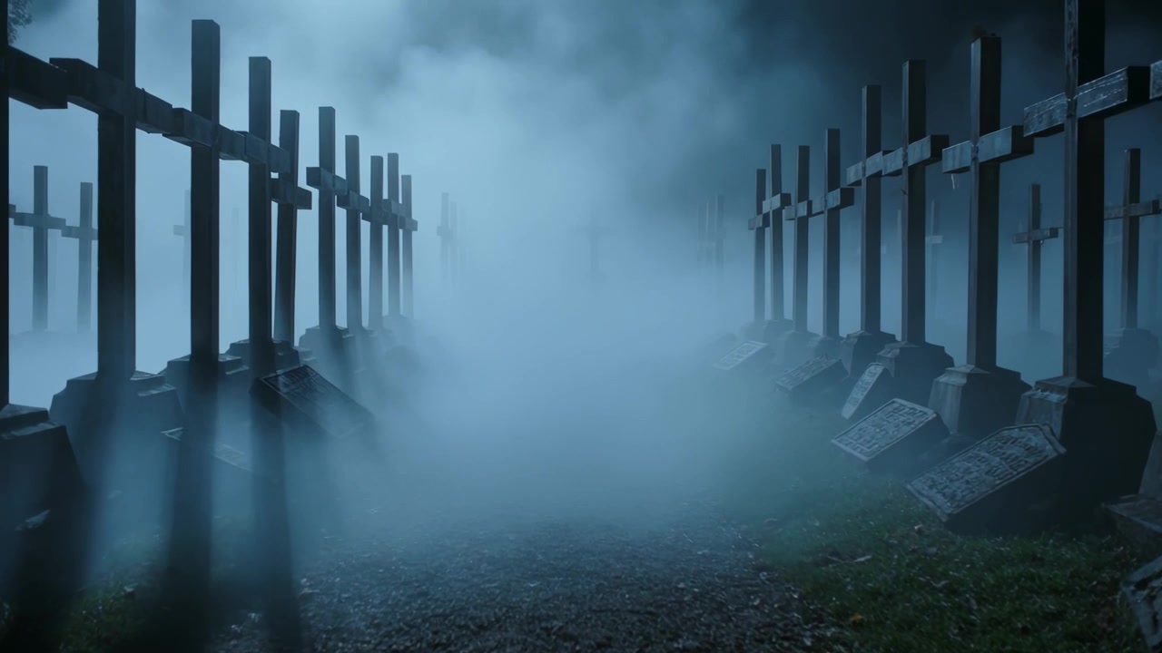 Il freddo della notte spinge la nebbia bassa in avanti lungo uno stretto sentiero di ghiaia, ammorbidendo le forme delle croci di legno.