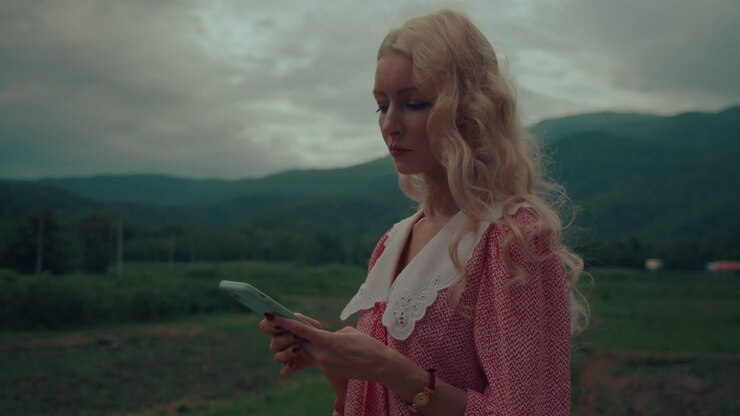 Woman using phone in a rural setting