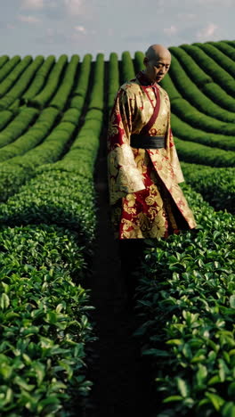 man in traditional chinese clothing in a tea plantation