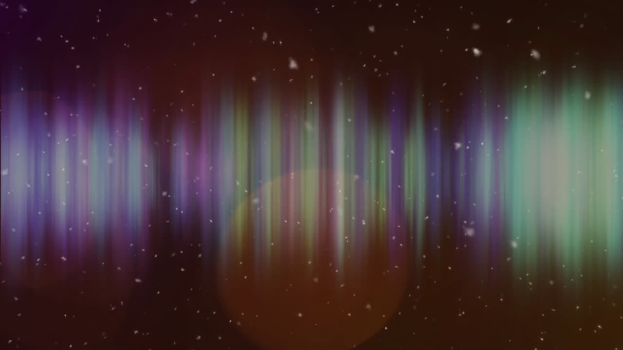 Animation of glowing light spots moving and snow falling over flickering trails background