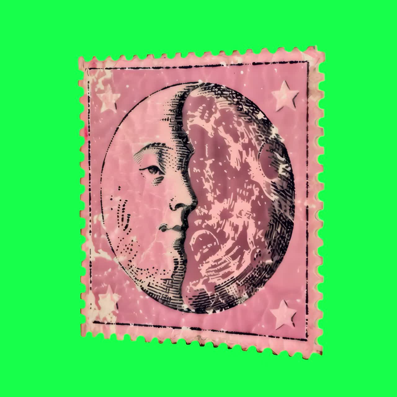 Animazione di francobollo vintage della luna celeste, video 4K trasparente, schermo verde.