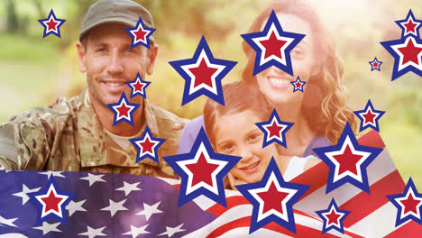 animation of stars and stripes of american flag over smiling soldier father and family