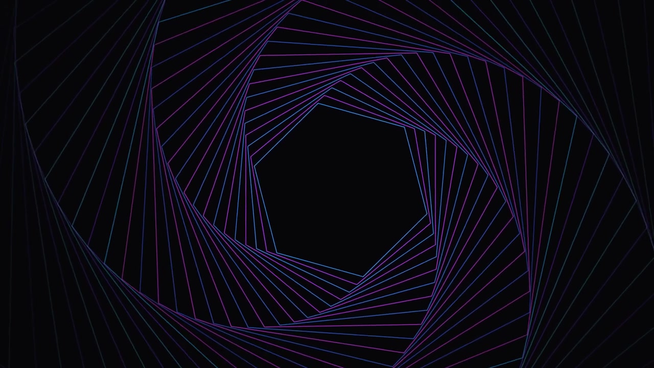 Animazione astratta di un tunnel esagonale geometrico con linee luminose.